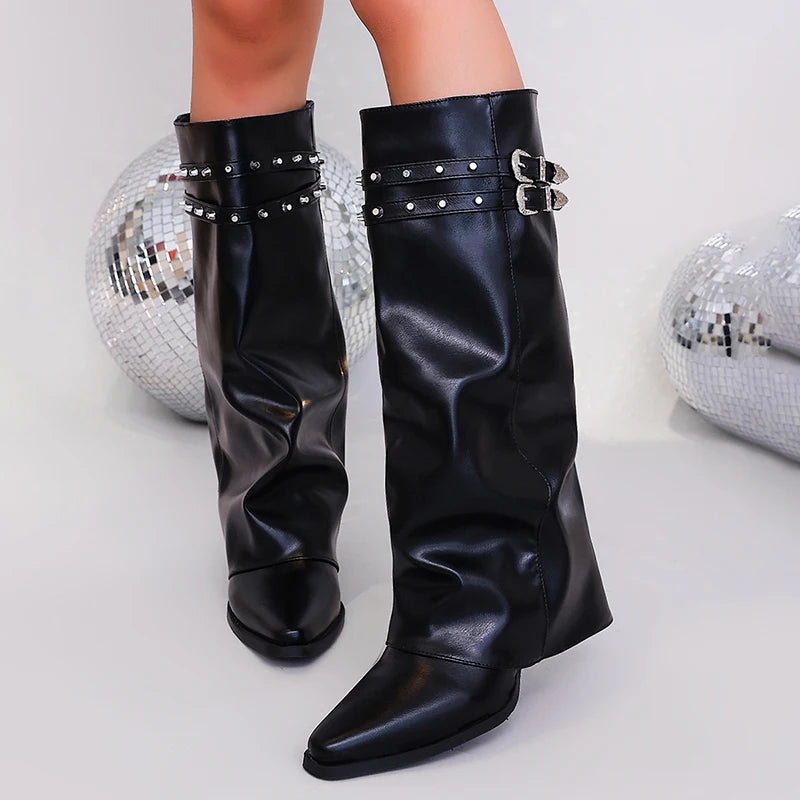 Fashion Belt Buckle Pointed Toe Knee High Boots Women Punk High Heel Black Pu Leather Botas Mujer 2026 Wide Leg Riding Boots