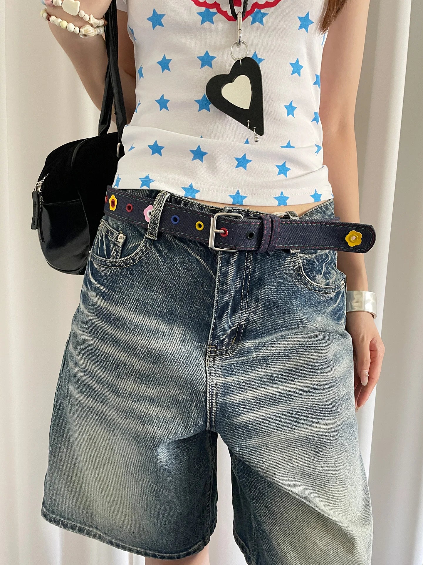 Y2k Dopamine Floral Red Plaid Waist Belt For Women Summer 2025 New Sweet Cool Hot Girl Denim Blue Belt