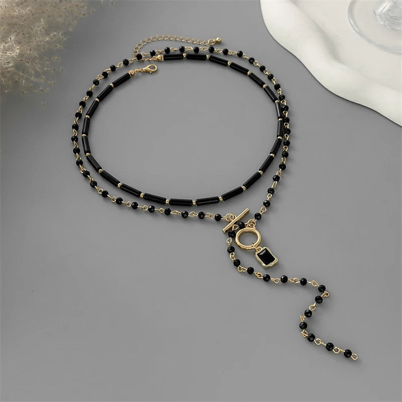 Dark Feminine Edgy 2 Piece Layered Necklace Set for Women Gold Color Black Beaded Choker Square Pendant Y-Drop Aesthetic Jewelry