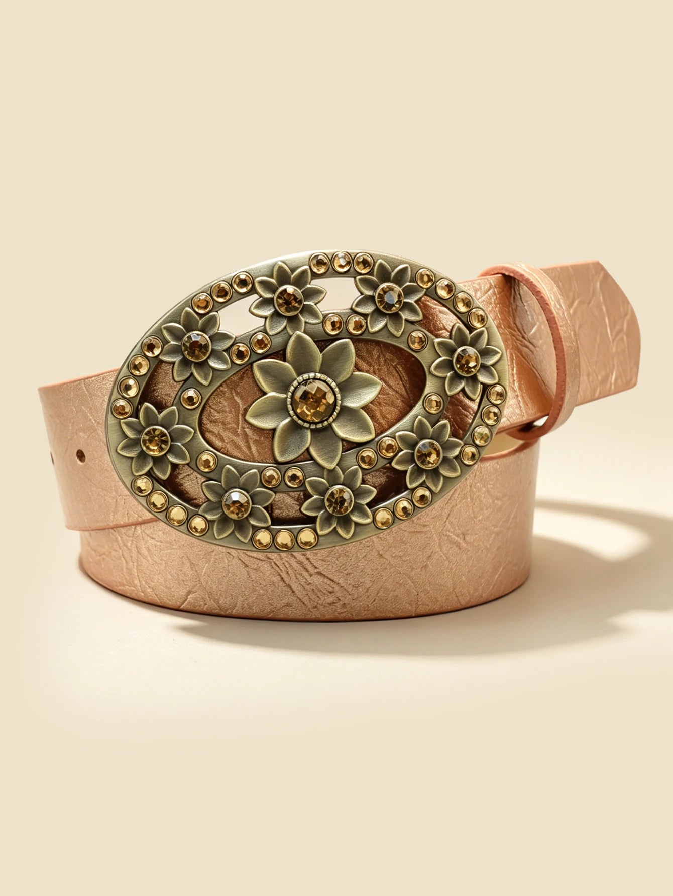 Vintage Floral Rhinestone Buckle Belt, Champagne Textured Women's Versatile Waistband