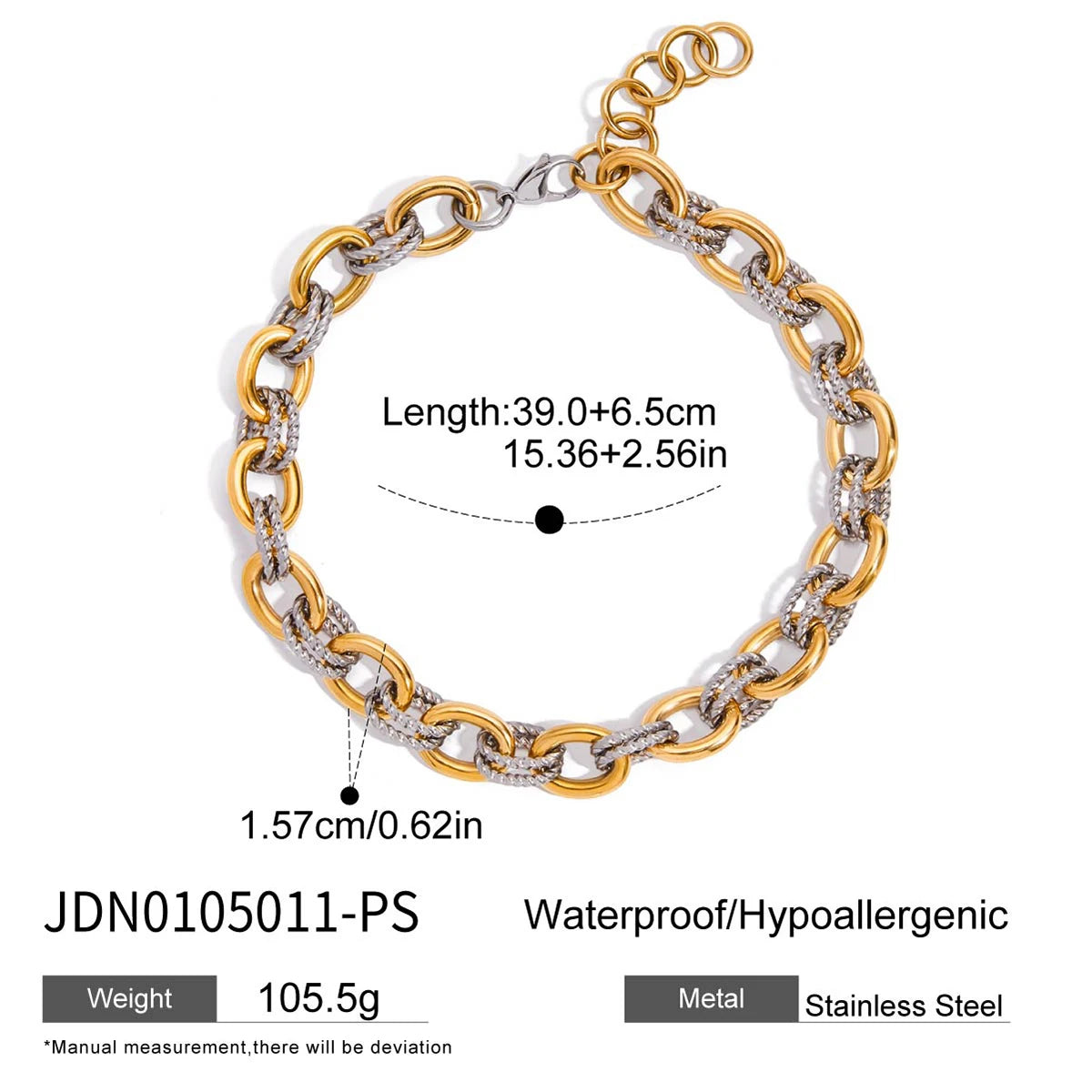 Uworld Minimalism 18K Gold Color Plated Stainless Steel Double Color Oval Smooth Fried Dough Twists Necklace Stackable Chain Nec