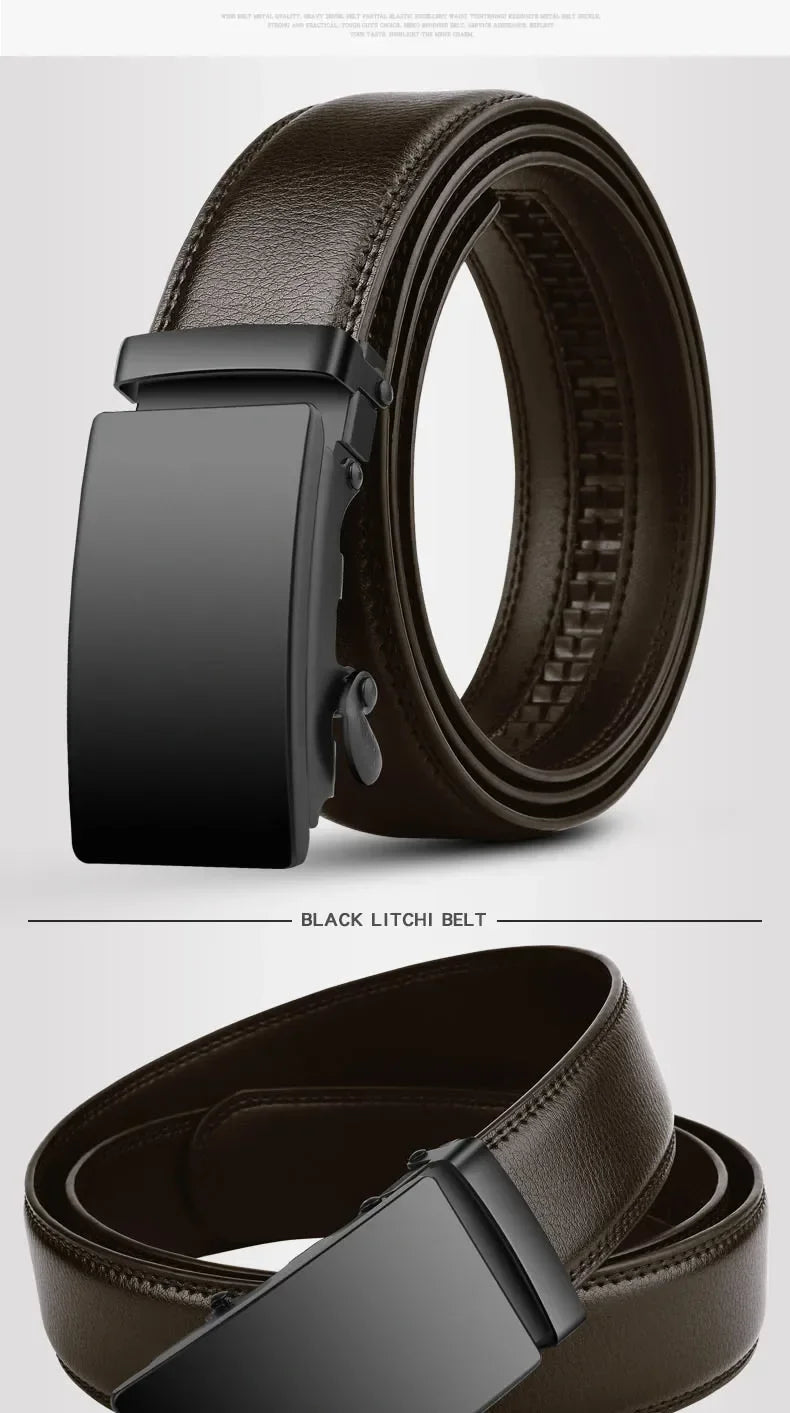 Black AutoBuckle Belt for Men, Famous Brand Business Belt PU Leather Waist Strap