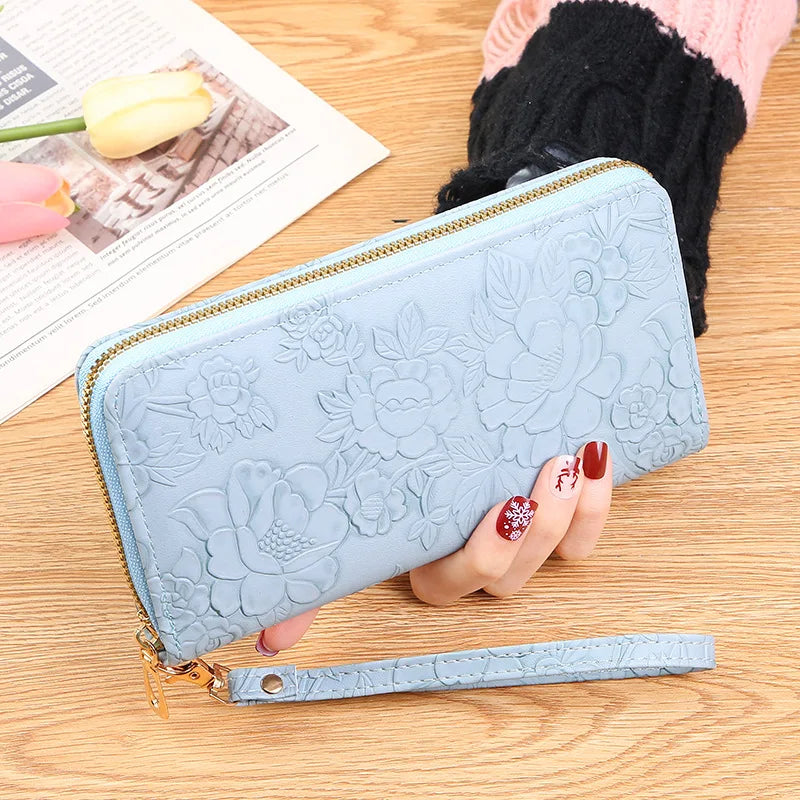 2026 New Floral Embossed Long Wallet PU Leather Credit Card Holder Simple Trendy Phone Bag Coin Purse for Women Hand-held Wallet