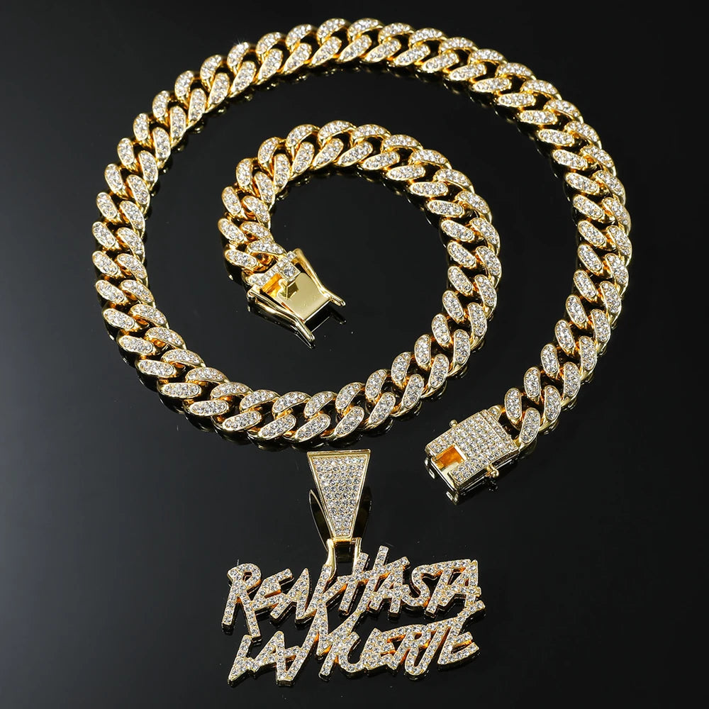 Men Hip Hop Double Row Spliced Letters Pendant Necklace with 13mm Cuban Chain Hiphop Iced out Necklace Fashion Punk Jewelry Gift