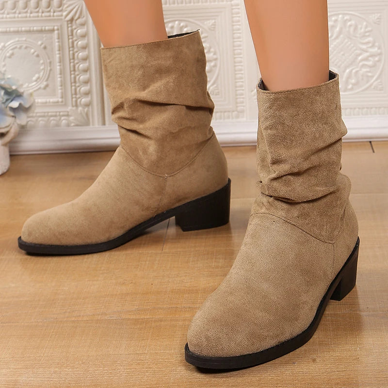 2025 Slip On Thick Heels Ankle Boots Women 2025 Plus Size 35-43 Faux Suede Boots Woman Autumn Winter Block Heeled Short Booties