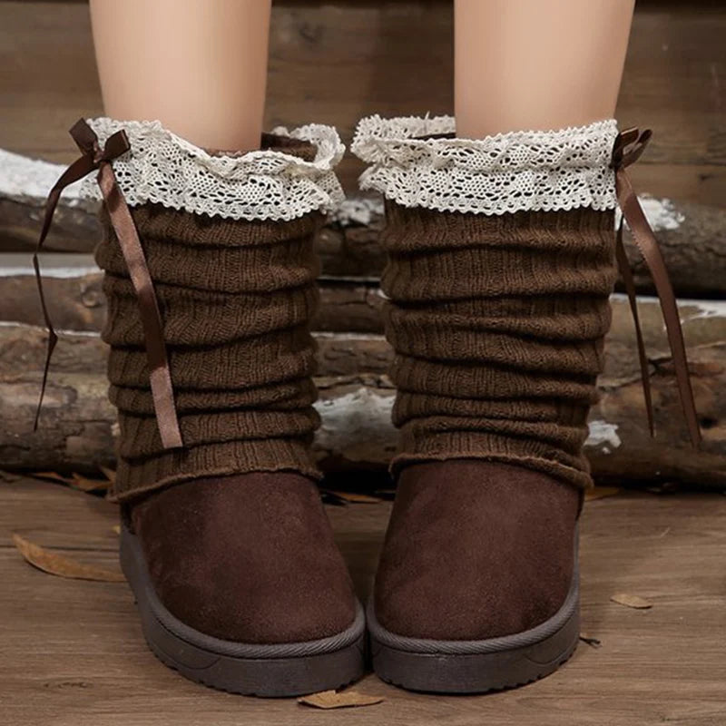 Sweet Lace Bowknot Snow Boots Women Faux Suede Knitted Snow Boots Woman Winter Platform Soft Soles Thick Warm Booties Female