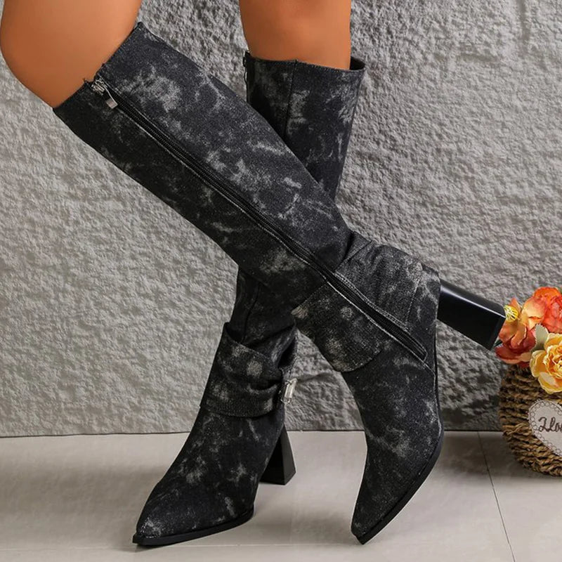 Fashion Super High Heel Boots Women 2025 Vintage Pointed Toe Black Blue Mid Calf Boots Woman Rhinestone Detor Botas Lady