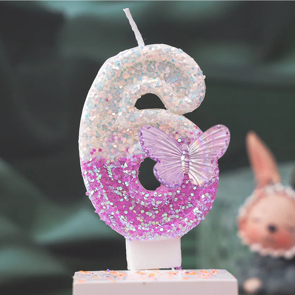 Creative 0-9 Numbers And Letters Birthday Cake Candle, DIY Party Decoration Candle With Purple Butterfly Design And Glitter
