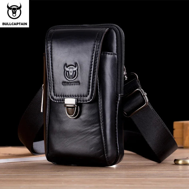 BULLCAPTAIN  Genuine Leather Vintage Waist Packs Men Travel Fanny Pack Belt Bum Shoulder Bag Waist Bag Mobile Phone Pouch