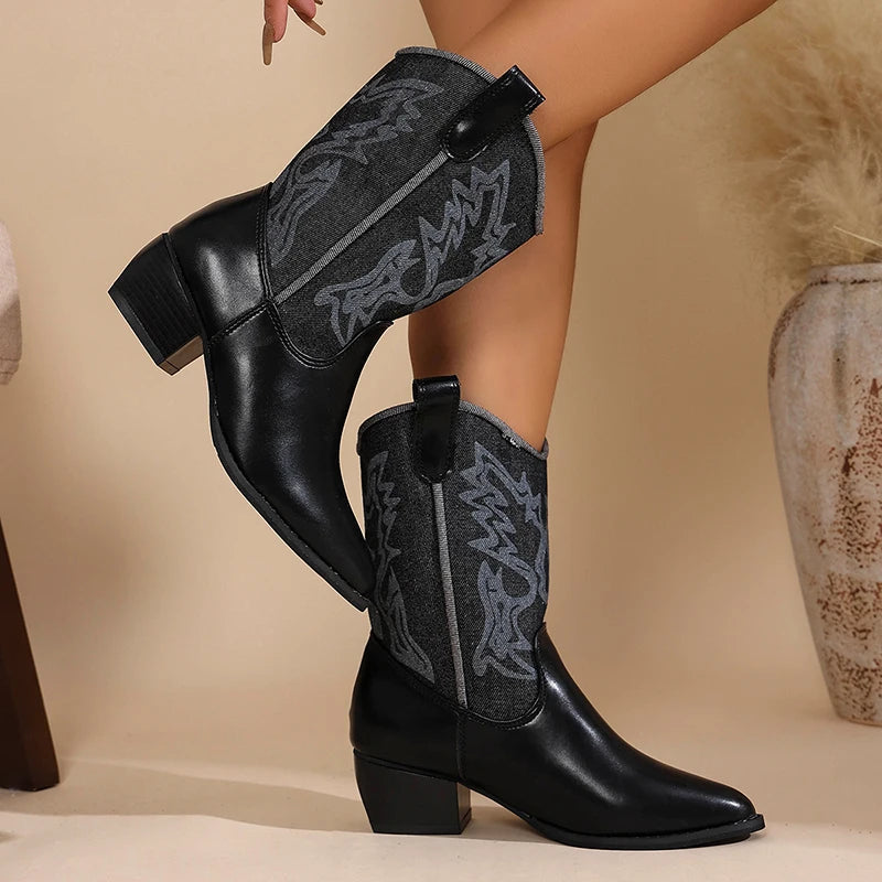 Vinatge Printed Western Cowboy Boots Women Pointed Toe Mid Heels Mid Calf Boots Woman 2025 Patchwork Slip On Tall Botas Mujer