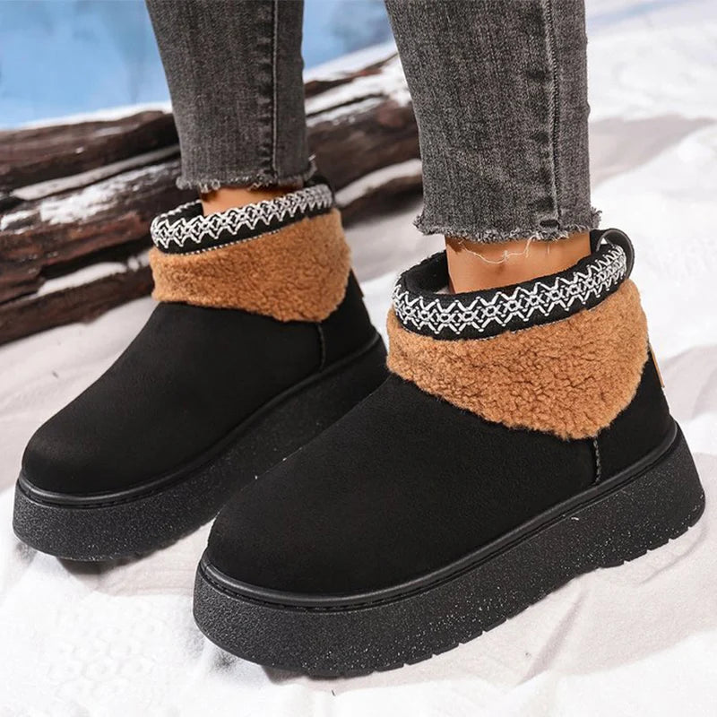 Black Platform Snow Boots for Women Winter Thicken Warm Plush Ankle Boots Woman Retro Faux Suede Non Slip Cotton Shoes Lady