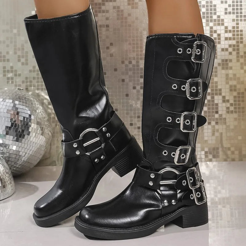Fashion Buckle Strap Midi-Calf Boots for Women Autumn Winter Brown Rivet Wedges Boots Woman Plus Size Pu Leather Botas Mujer