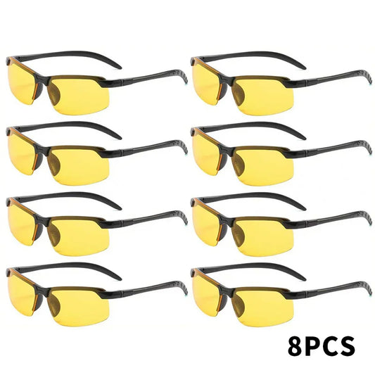 8 Pairs of Night Vision Goggles Unisex Half Frame Driving Goggles Anti Glare Yellow Filter Anti Glare for Night Driving