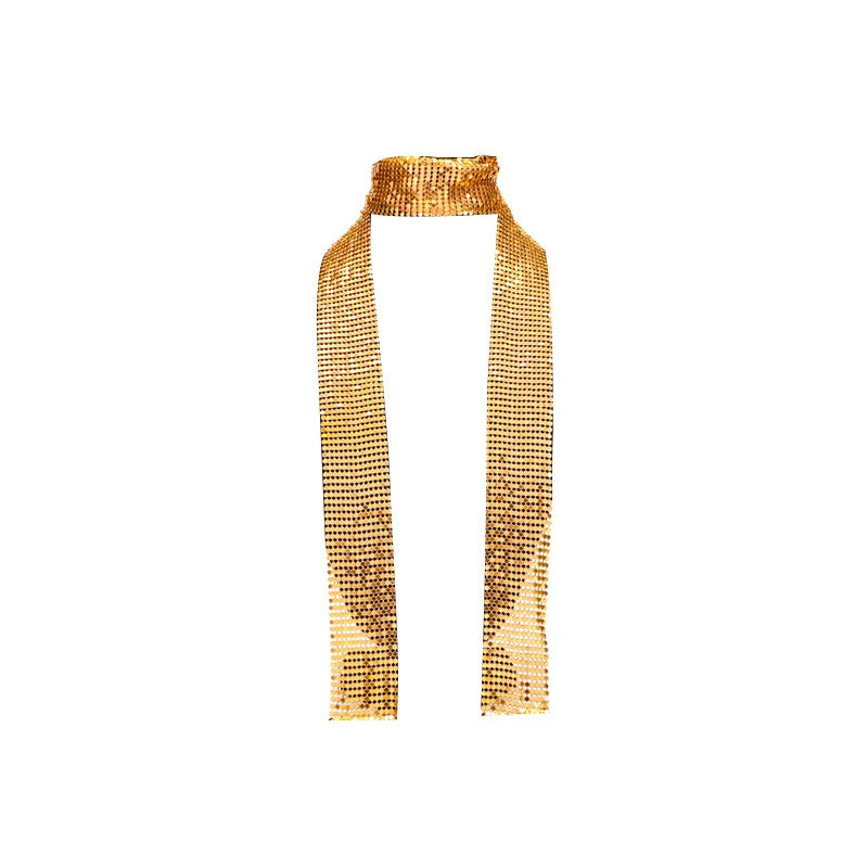 Liquid Metal Mesh Scarf Necklace for Women Gold Chainmail Wrap Tie Long Lariat Choker Elegant Evening Jewelry