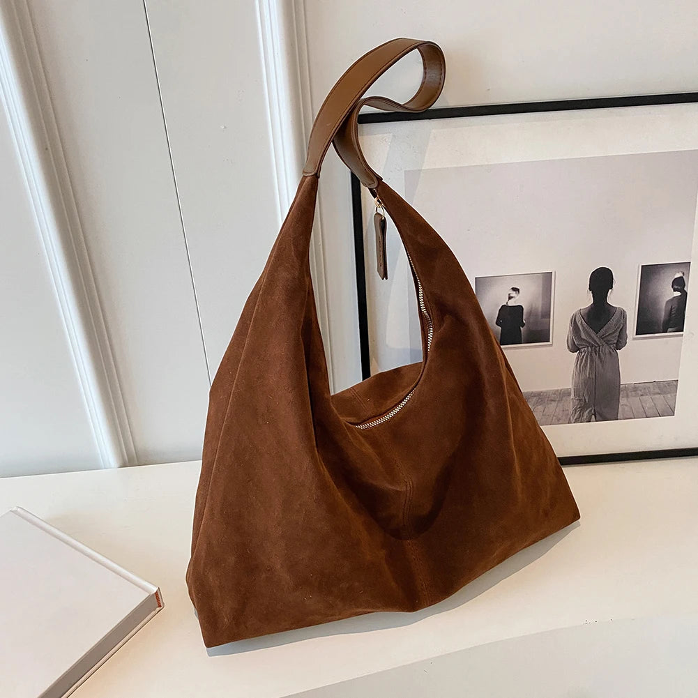 Women Suede Shoulder Bag with Zipper Hobo Bags Large Capacity Handbag Slouchy Bag Commuter Travel Bag Purses and Handbags