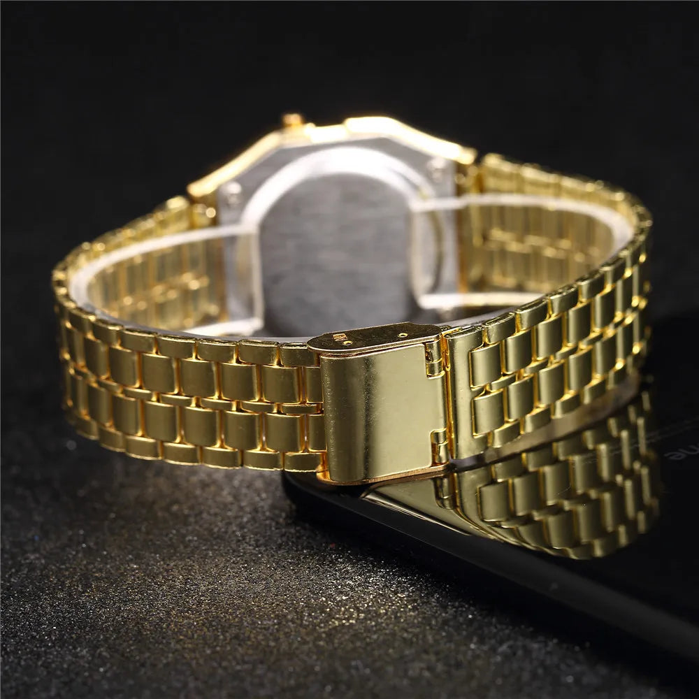 Women Men Sports Waterproof Bracelet Clock Gold Electronic LED Casual Wristwatch