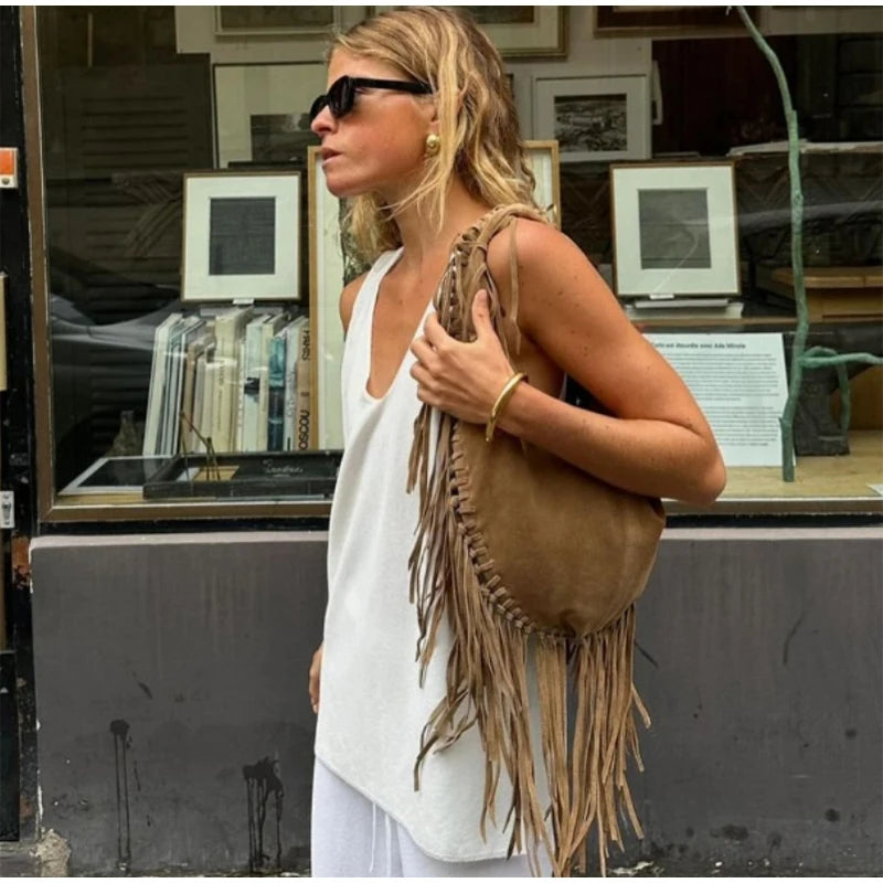 Brown Retro Tassel Women Armpit Bag Suede Design Dumpling Shoulder Bag W.Cowboy