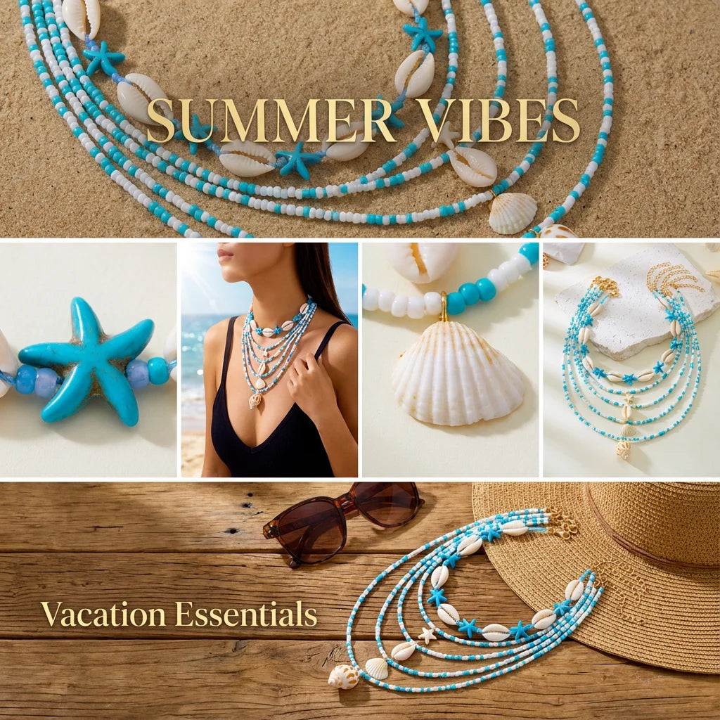 Bohemian Blue Beaded Choker Necklace Set for Women Summer Beach Cowrie Shell Starfish Pendant Multilayer Chains Holiday Jewelry