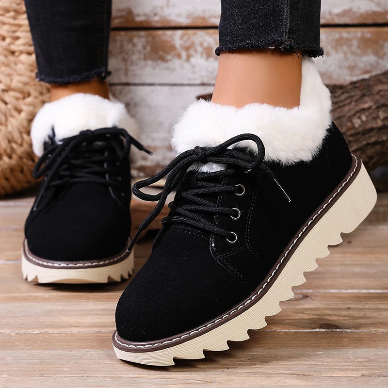 Faux Fur Non Slip Sole Snow Boots Women Autumn Winter Suede Lace Up Plush Sneakers Woman Warm Thick Sole Cotton Padded Shoes 43