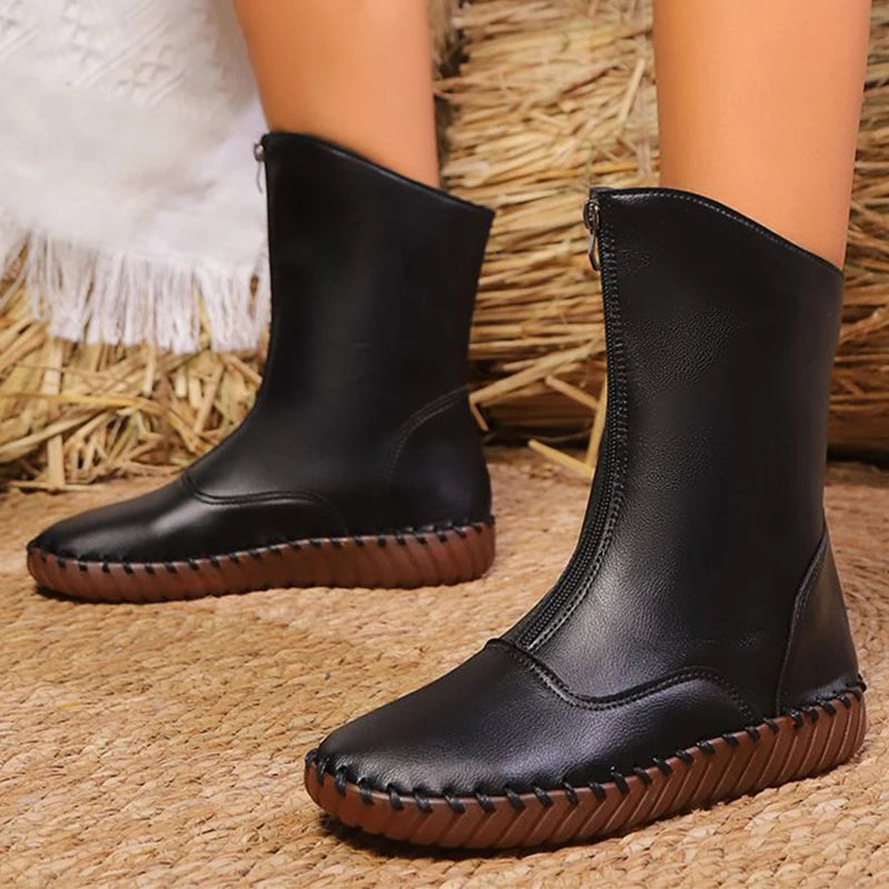Vintage Pu Leather Mid-Calf Boots Women Winter Thick Warm Short Plush Boots Woman Zipper Flat Heel Beige Black Botas Mujer
