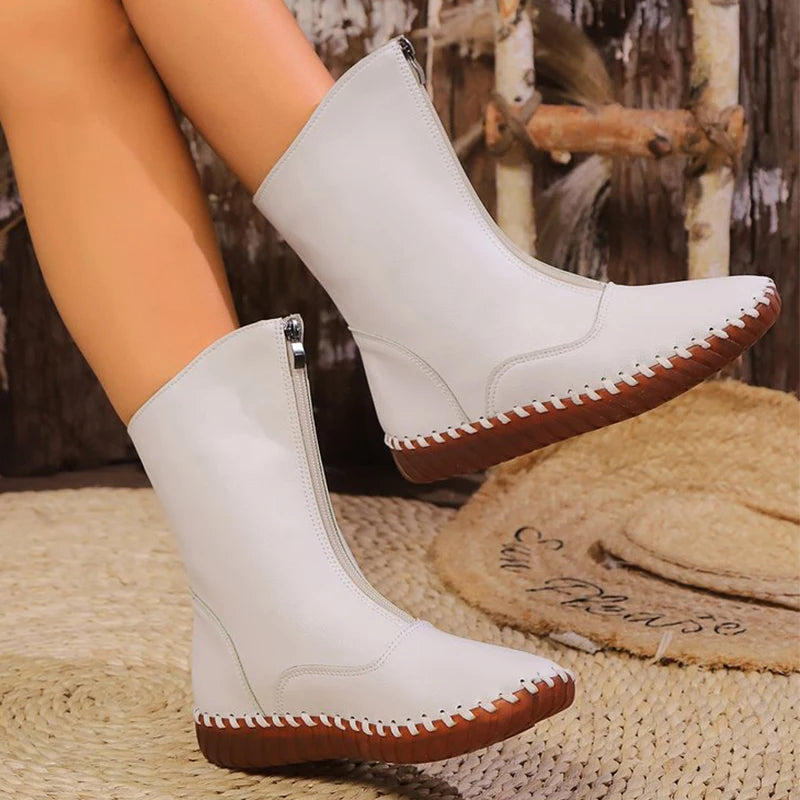 Vintage Pu Leather Mid-Calf Boots Women Winter Thick Warm Short Plush Boots Woman Zipper Flat Heel Beige Black Botas Mujer