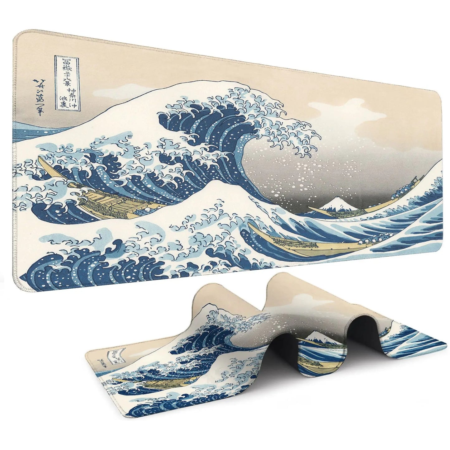 Japanese Sea Wave Large Mouse Pad, Anime Black Gaming, Extended Mat Desk Pad, 3mm Thick Long Non-Slip Rubber Base Mice Pad