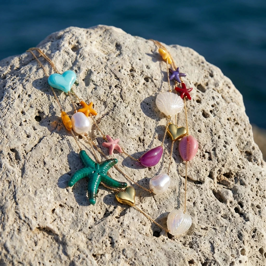 Boho Tropical Beach 3 Layer Necklace for Women Gold Color Colorful Resin Starfish Heart Shell Summer Vacation Jewelry