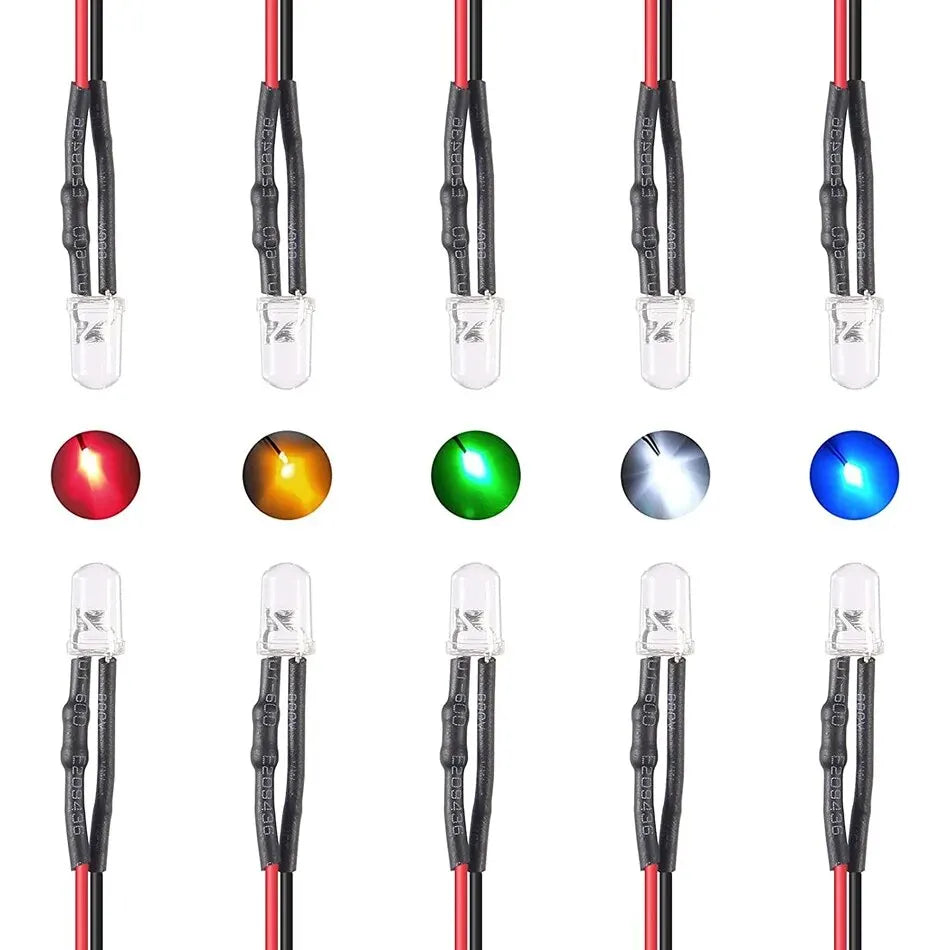50/150pcs 12V 5mm LED Diode Lights 7.9 Inch Pre Wired 5 Colors X 10/30pcs Assorted Kit White Red Green Blue Yellow Emitting