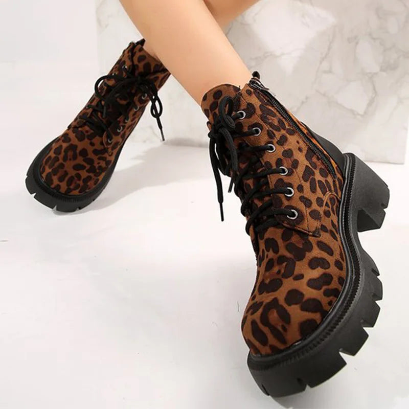 Y2K Leopard Faux Suede Boots for Women Vintage Square Heel Platform Ankle Boots Woman 2025 Autumn Zipper Up Booties Female