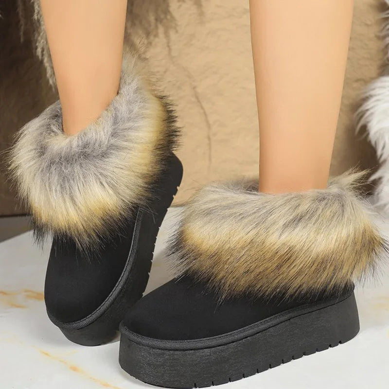Faux Suede Furry Snow Boots for Women Winter Fashion Round Toe Slip On Ankle Boots Woman Anti Slip Platform Warm Booties Mujer