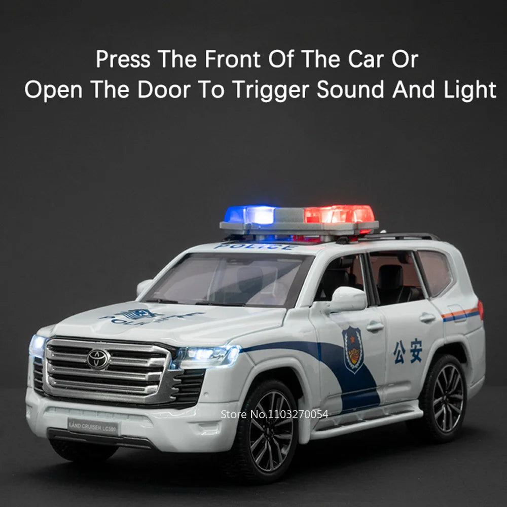 1:32 Prado Land Cruiser LC300 Police Car Metal Model Toy Alloy Diecast Vehice Rubber Tire Sound Light Pull Back Toy Gift for Kid