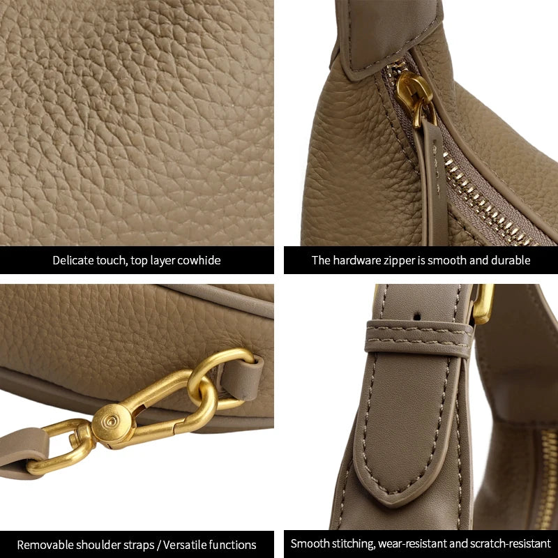 Genuine Cowhide Leather Mini Hobo Shoulder Bag for Women Pebbled Leather Top Handle Crossbody Bag with Hardware Underarm Bags