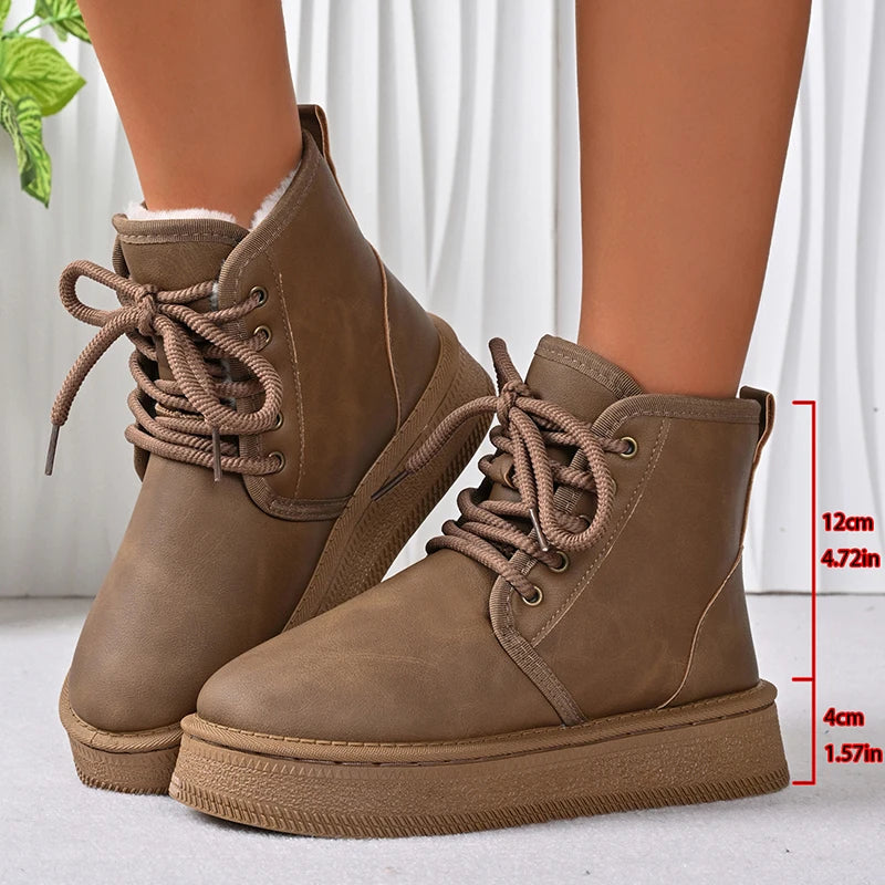 Fashion Lace Up Platform Snow Boots Women Anti Slip Warm Thicken Plush Ankle Boots Woman Thick Sole High Cotton Shoes 36-41
