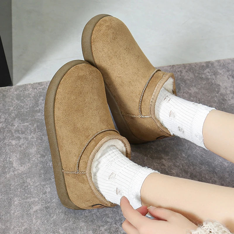 Thick Bottom Faux Suede Snow Boots Women 2025 Slip On Warm Short Plush Ankle Boots Woman Anti Slip Winter Cotton Padded Shoes