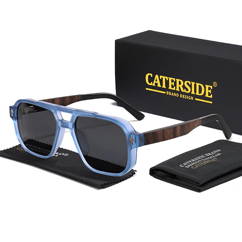 CATERSIDE Men's Polarized Pilot Sunglasses UV400 Premium Tr Frame & Wood Temple Retro Square Sun Glasses for Driving Fishing
