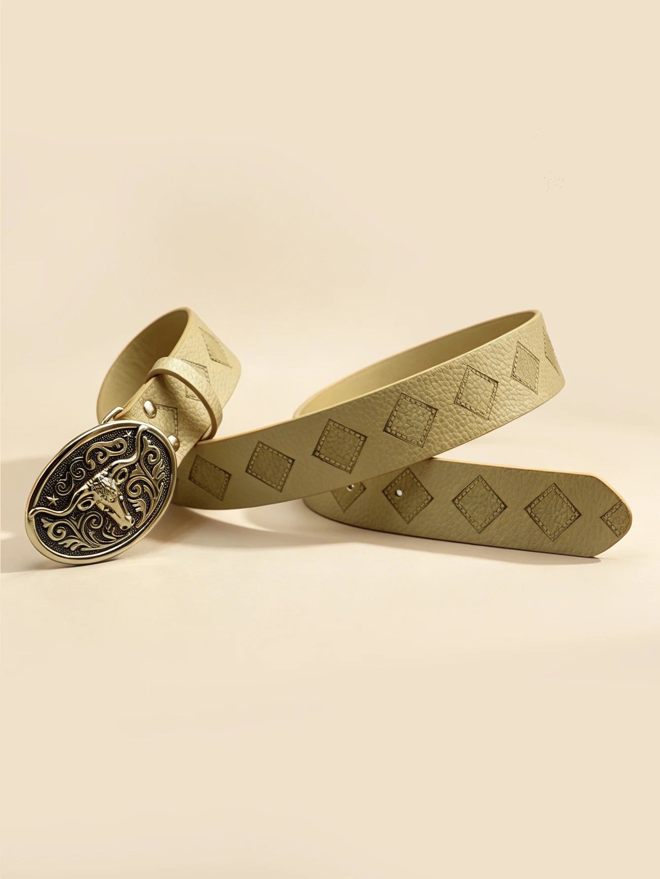 Western Bull Head Engraved Belt, Beige Diamond Embossed Gold Buckle Unisex Cowboy Waistband