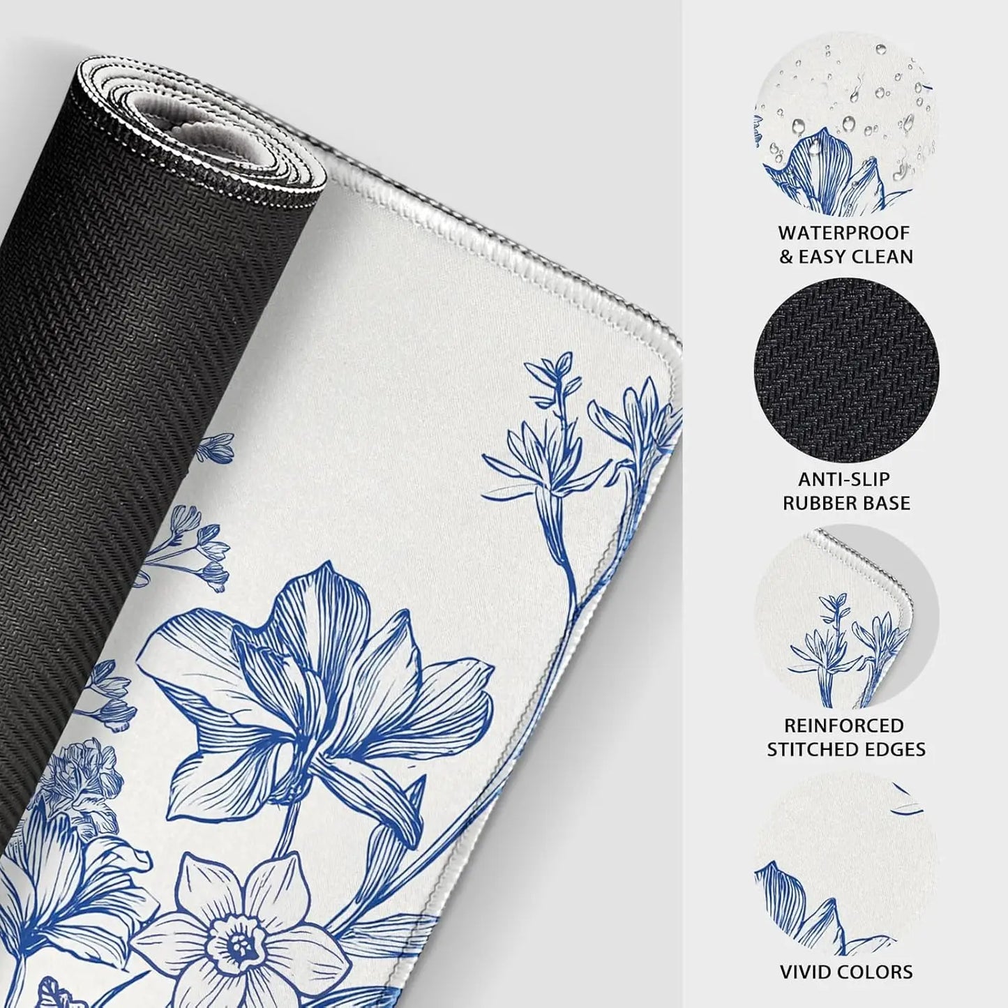 Narcissus Blue Floral Large Gaming Mouse Pad，XXL Desk Mat,Non-Slip Rubber Base Stitched Edges - Waterproo Mousepad for PC/Office