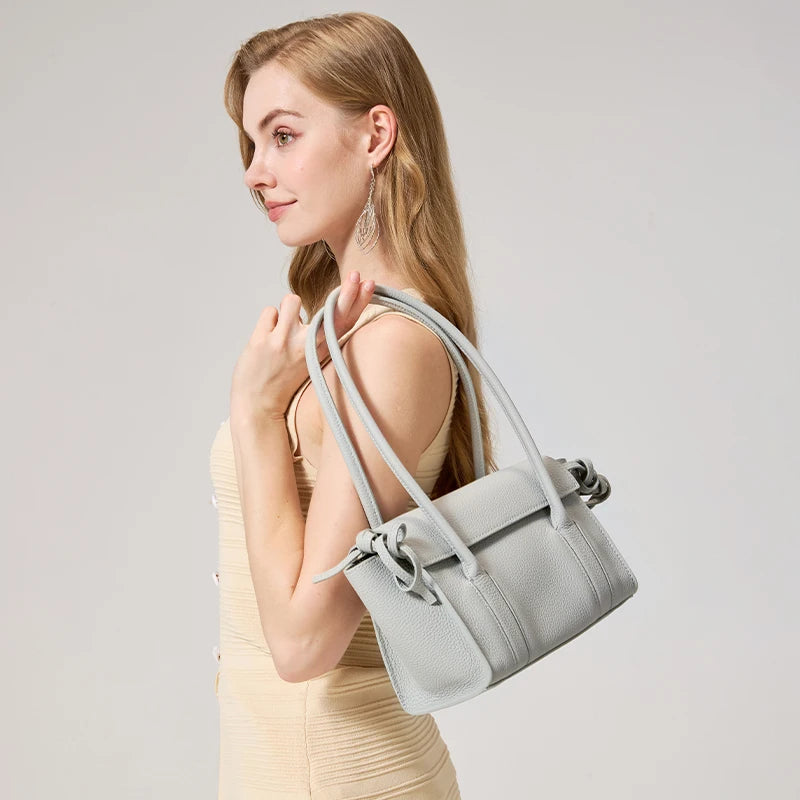 Women's Long-Handled Genuine Cowhide Leather Tote Bag Luxury Designer Pebbled Leather Drawstring Side Crossbody Shoulder Bag