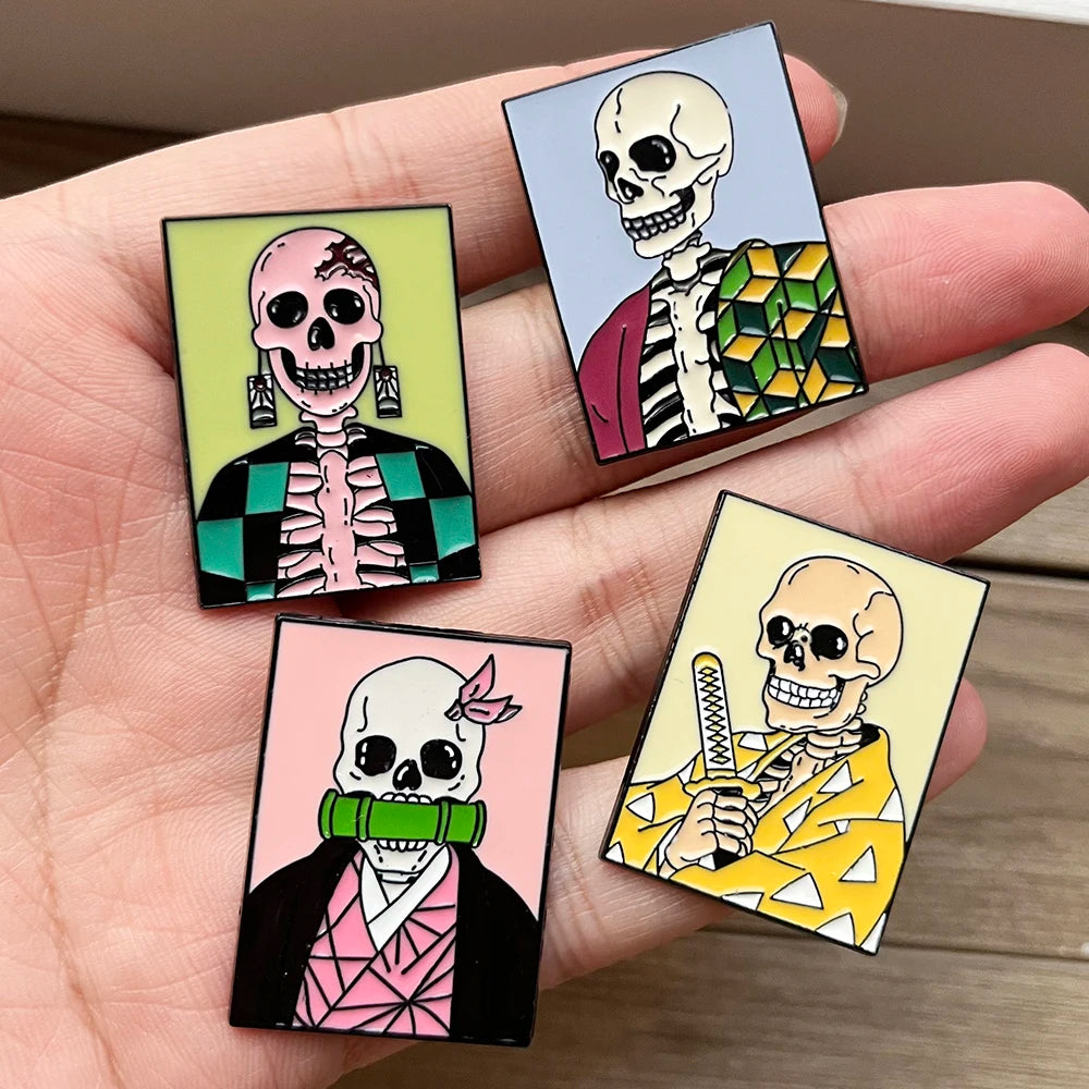 4pcs Demon Slayer Anime Punk Skeleton Character Brooches Set for Backpack Bag Jewelry Halloween Themed Gift