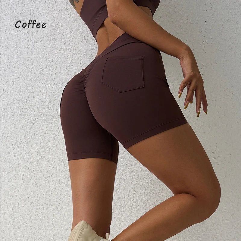 DIAS FIT JOY Women's V-waist pleated yoga shorts pocket shorts fitness hip lifting quick drying gym training shorts