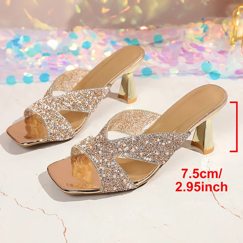 Luxury Crystal High Heels Sandals Women Fashion Square Toe Thick Heels Party Wedding Shoes Woman Plus Size Pearls Sequin Sandals