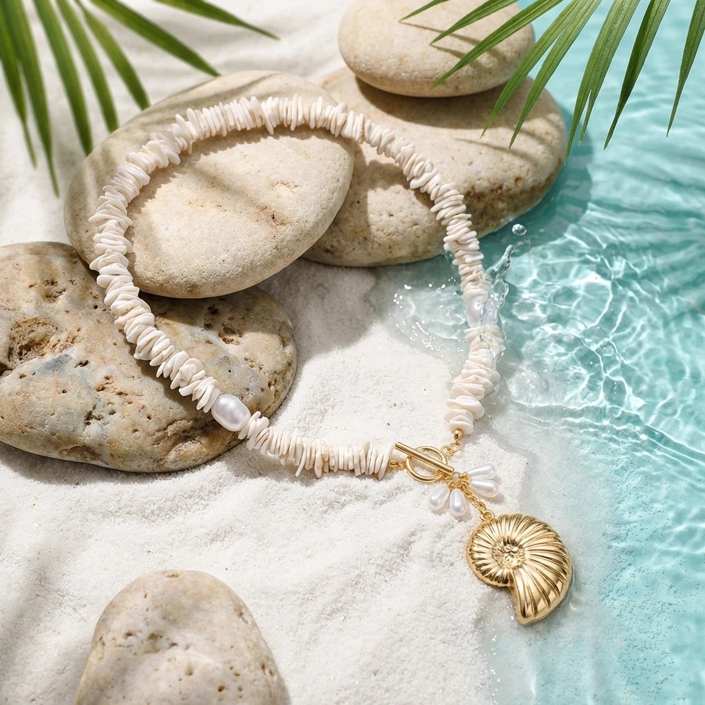 Vintage Long Chain Faux Pearl Necklace Crushed Shell Conch Pendant Choker Summer Beach Vacation Sweater Jewelry For Women