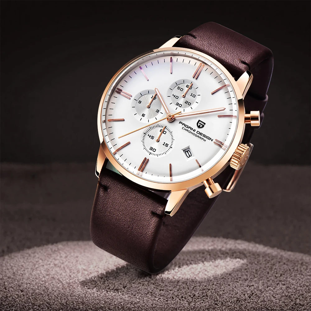 PAGANI Men Fashion Waterproof Watch 30m Luxury leather Quartz Chronograph Watch