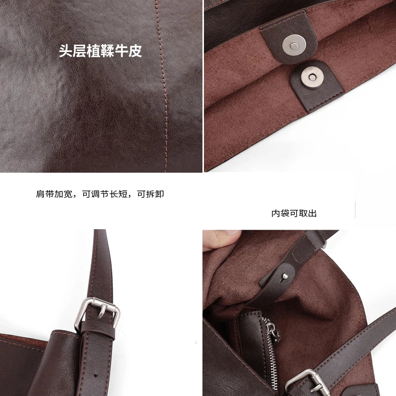 New Women's Oil Wax Cowhide Genuine Leather Bag Lady Fashion Real Cowhide Bag Female Luxury Design Retro Large Capacity Handbag