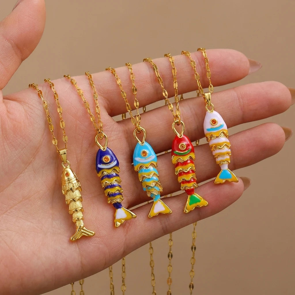 Minimalist Colorful Enamel Fish Pendant Necklace for Women Dainty Gold Tone Chain Simple Ocean Charm Cute Statement Jewelry Gift