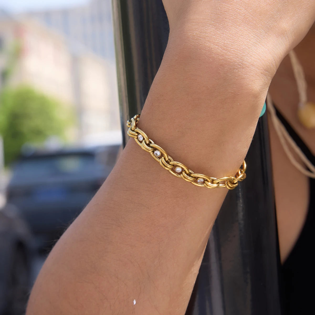 Uworld Delicate Zircon Chunky Chain Necklace Bracelet For Women Minimalist 18K Gold PVD Plated Stainless Steel Necklace Bracelet