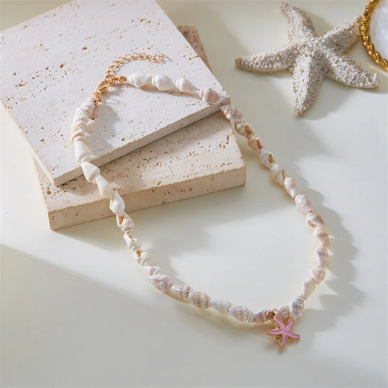 Summer Beach Style Shell Starfish Pendant Necklace for Women Handmade Seashell Conch Beaded Choker Necklace Boho Party Jewelry