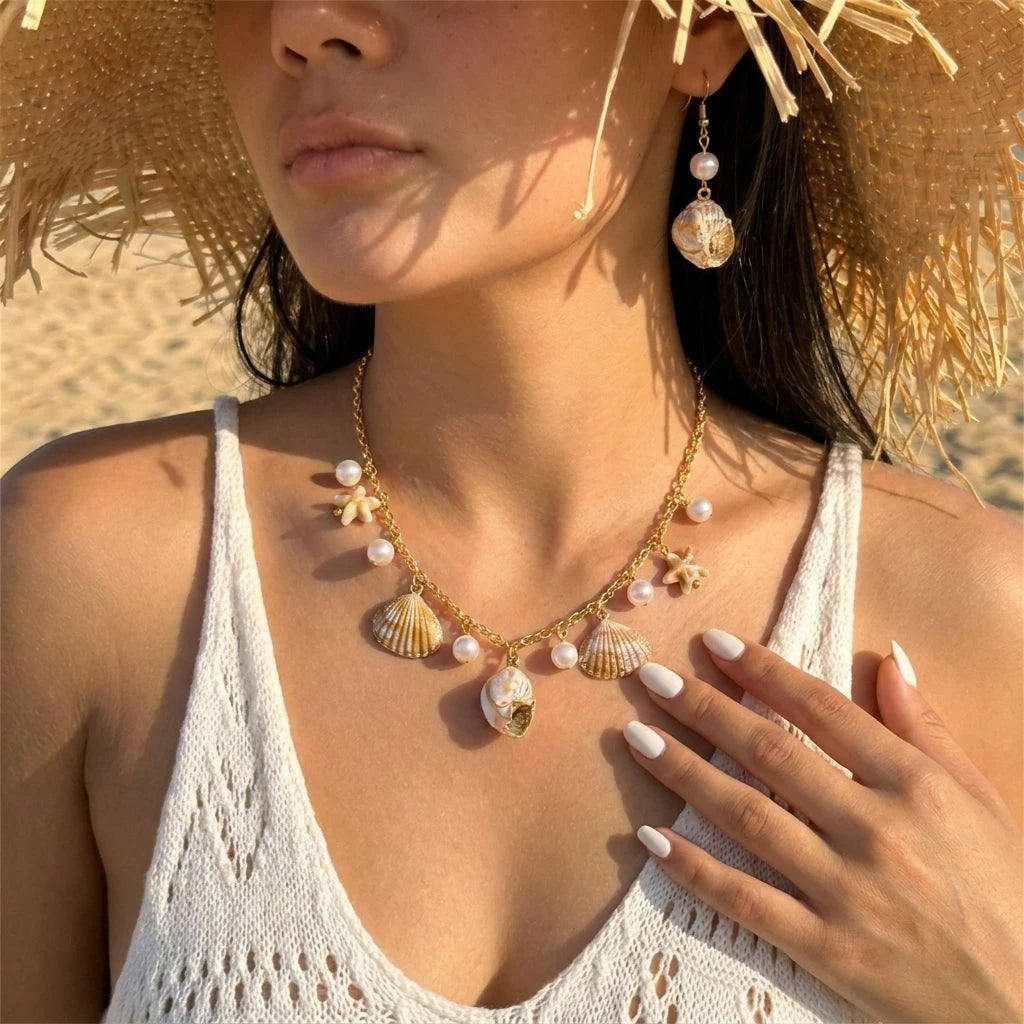 Boho Shell Jewelry Set for Women Faux Pearl Starfish Choker Necklace Conch Dangle Earrings Marine Festival Accessories