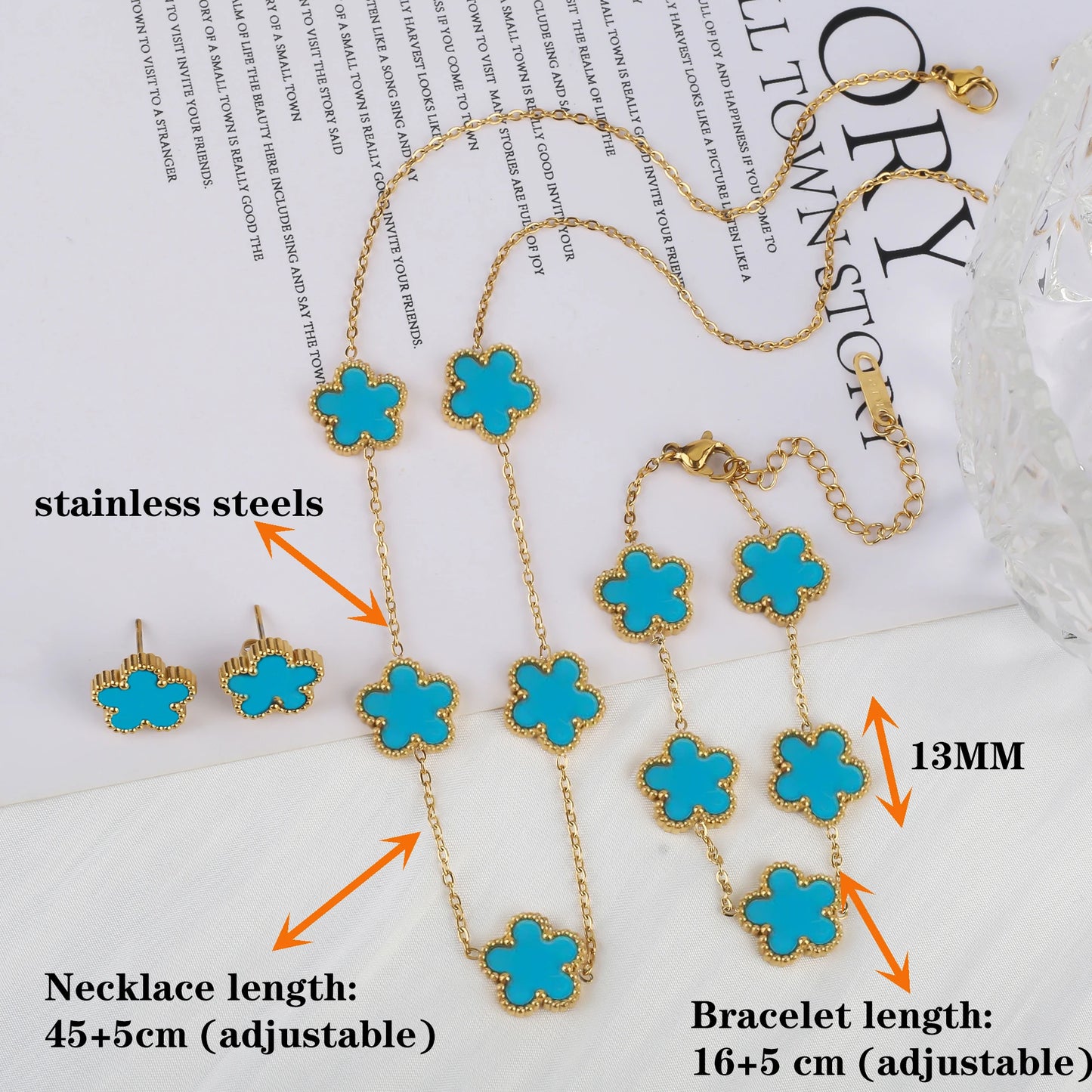 Stainless Steel Leaf Flower Clover Bracelet Jewelry Set Necklace Earrings Woman