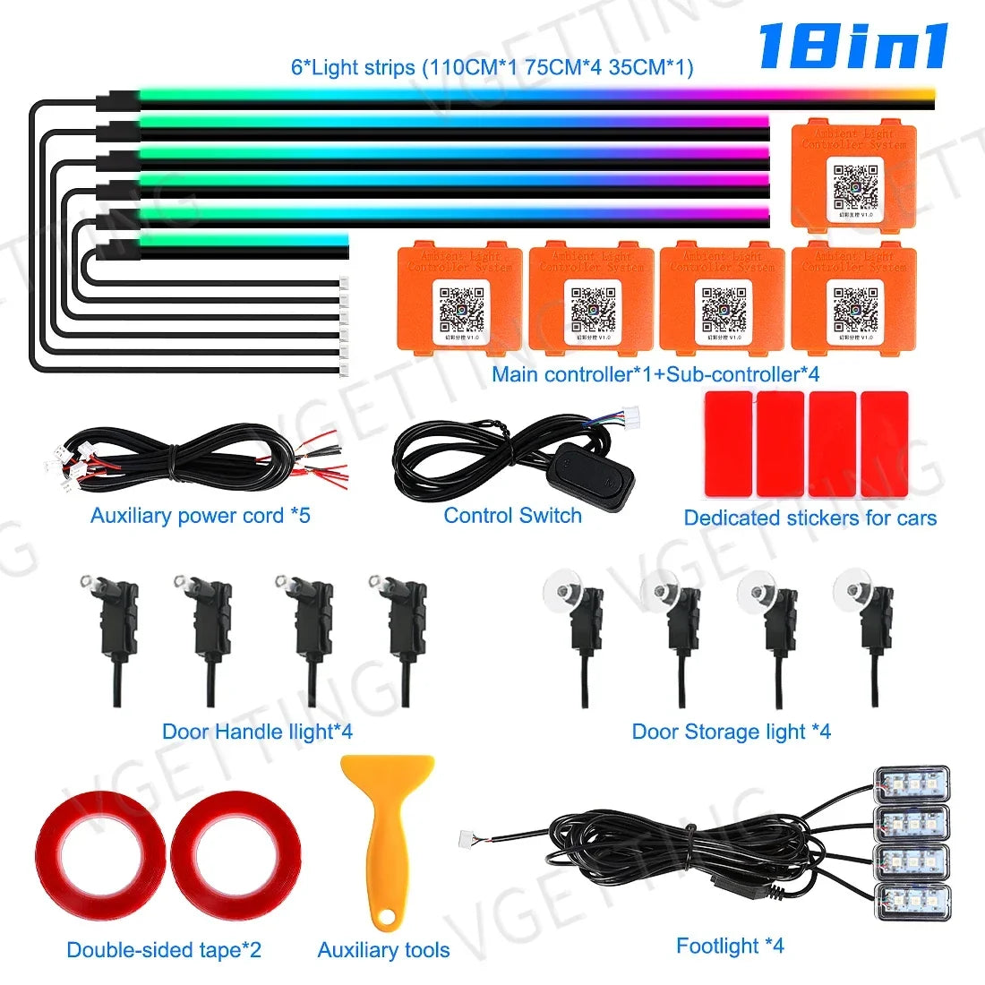 Vgetting 18 in 1 Car Ambient Lights Dual Zone Symphony RGB LED Interior Acrylic Strips Atmosphere Light Button APP Control 12V